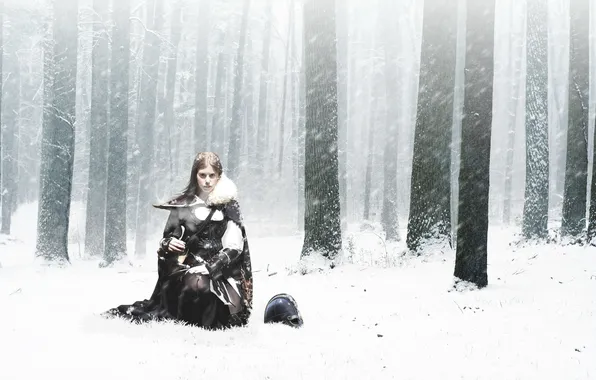 Картинка лес, взгляд, девушка, снег, деревья, оружие, Зима, воин