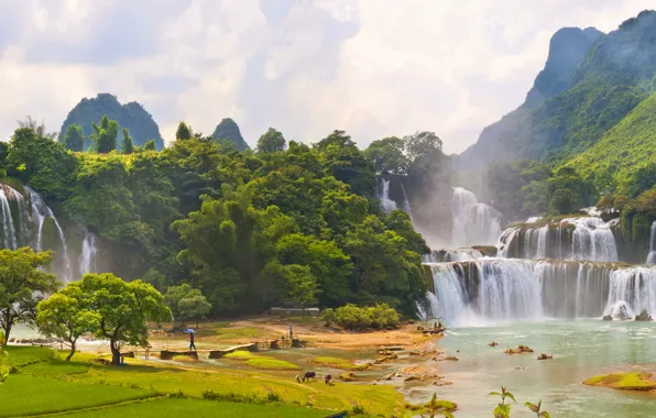 Ban Gioc Waterfall, аейзаж, Lao Cai, человек, Viet Nam, водопады