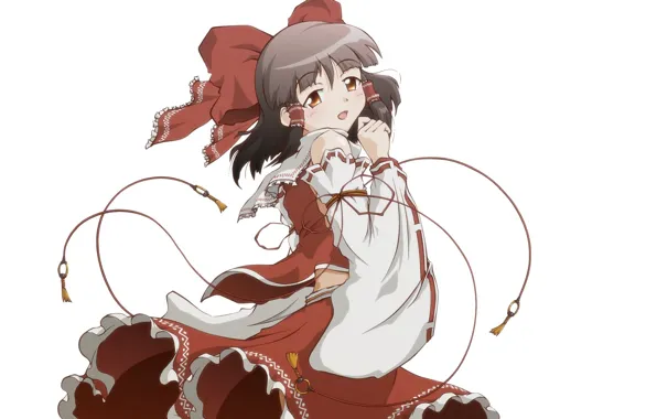 Белый фон, жрица, Hakurei Reimu, Touhou Project, вполоборота, Проект Восток, by Os-hiro