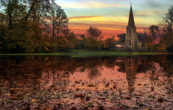Autumn, reflection, church