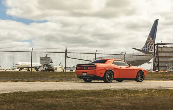 Dodge, Challenger, Orange, Clouds, Sky, SRT Hellcat