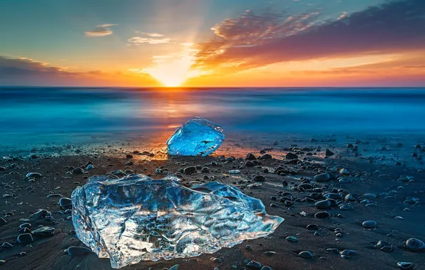 Картинка лед, море, закат, берег, Исландия