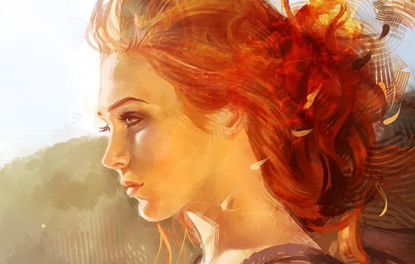 Лицо, рыжие волосы, в профиль, портрет девушки, шея плечи