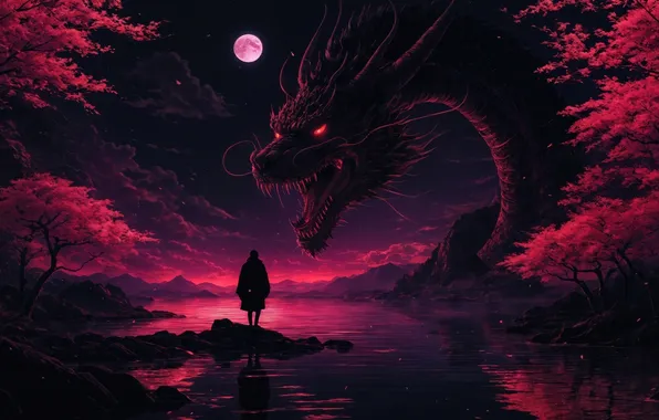 Moon, man, wind, red dragon