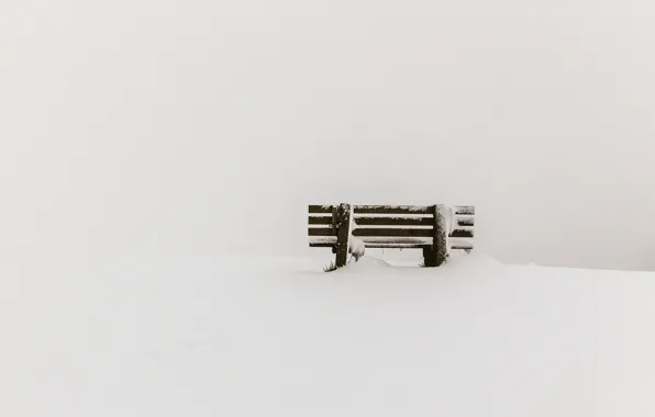 Картинка снег, минимализм, скамья