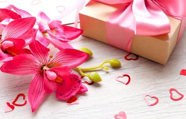 Картинка цветы, подарок, лента, сердечки, love, pink, flowers, romantic