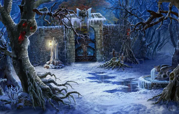 Картинка снег, деревья, пруд, Зима, кладбище, фонтан, статуя