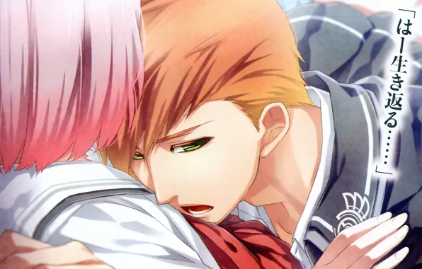 Рыжий, иероглифы, эмблема, зеленые глаза, visual novel, norn9, masamune to-va, by teita