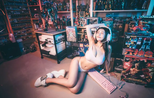 Asian, model, women, belly, smiling, dark hair, closed eyes, women indoors