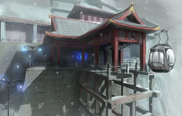 Картинка снег, азия, здание, высота, фонари, фуникулер, Dreamfall: The Longest Journey