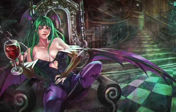 Грудь, девушка, крылья, арт, morrigan, суккуб, Darkstalkers, Morrigan Aensland