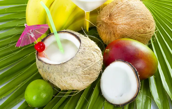 Картинка кокос, бананы, коктейль, лайм, фрукты, манго, fresh, drink