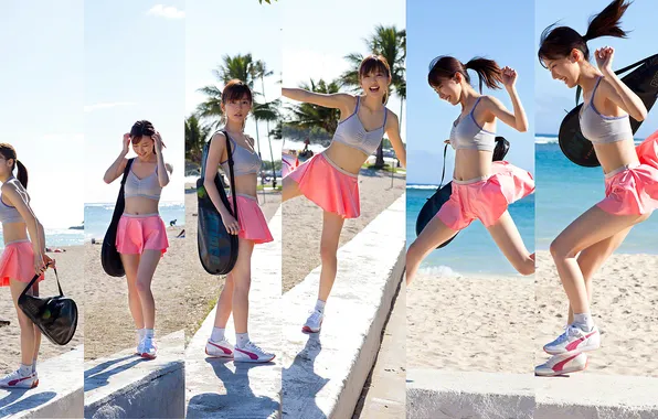 Beautiful, Asian, Model, Coast, Beach, Water, Smile, Sports