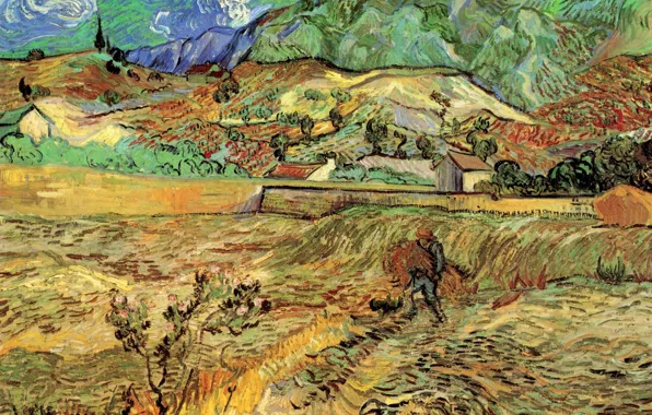 Картинка Vincent van Gogh, Field with Peasant, мужчина в огороде, Enclosed Wheat