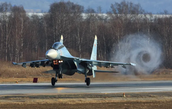 Картинка истребитель, аэродром, взлет, ввс россии, Су-30СМ