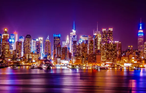 Ночь, город, огни, небоскребы, панорама, skyline, WTC, New York city