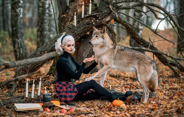 Осень, лес, взгляд, девушка, деревья, ветки, поза, улыбка