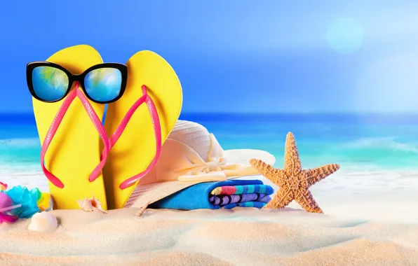 Картинка песок, море, пляж, солнце, шляпа, очки, summer, beach