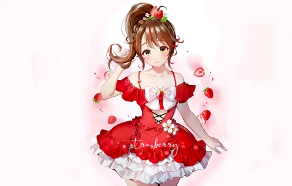 Girl, long hair, dress, anime, beautiful, pretty, strawberry, attractive