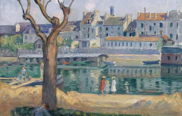 Картинка река, люди, дерево, дома, картина, городской пейзаж, Анри Лебаск, View of the Quay of Pamponne