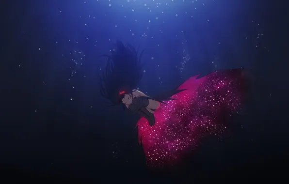 Девушка, аниме, арт, бант, под водой, mahou shoujo madoka magica, akemi homura, девочка-волшебница мадока