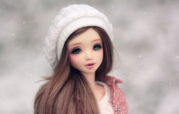 Берет, кукла. игрушка. длинные волосы, зима. снежинки