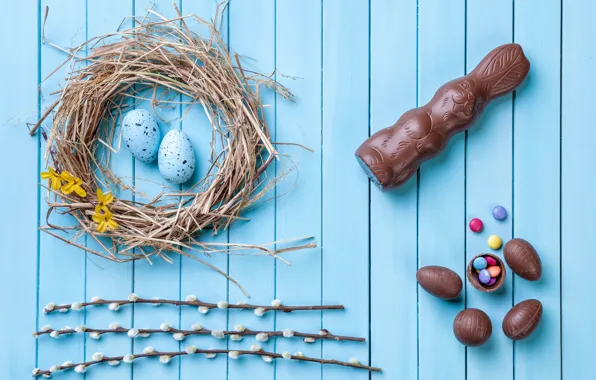 Шоколад, яйца, colorful, кролик, конфеты, Пасха, wood, верба