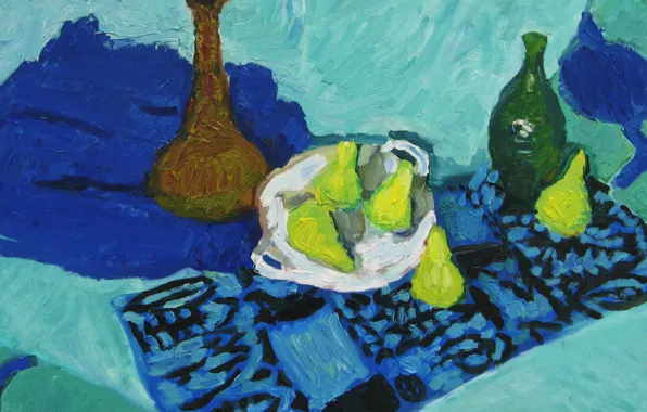 Картинка 2008, кувшин, натюрморт, груши, бутыка, Петяев, синие полотенца