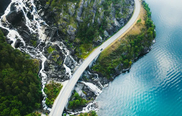 Природа, скалы, берег, водопад, поток, вид с высоты