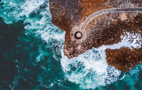 Картинка sea, rocks, lighthouse, tide, seashore, aerial view