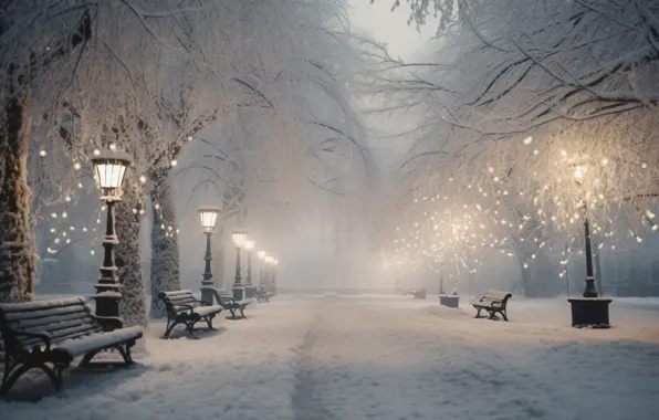 Картинка зима, снег, деревья, скамейка, снежинки, ночь, lights, парк