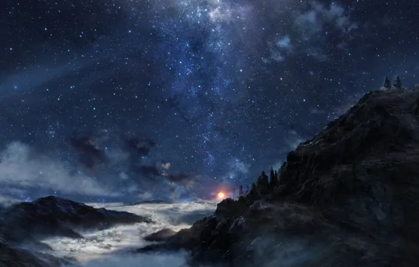 Картинка облака, горы, ночь, туман, люди, Звезды, арт
