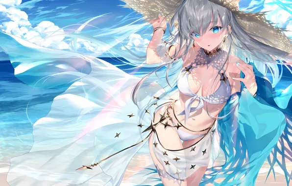Girl, sexy, Anastasia, cleavage, beach, sky, long hair, sea