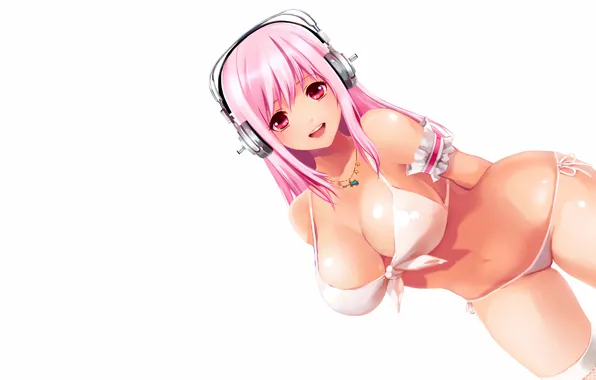 Girl, sexy, cleavage, thighhighs, pink hair, long hair, boobs, anime