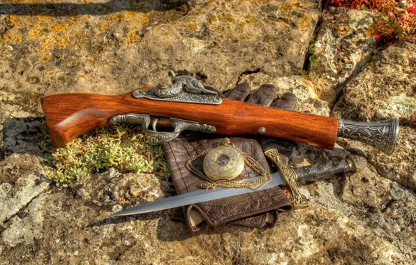 Wood, knife, antique firearm