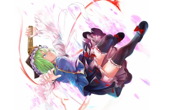 Прыжок, магия, шапка, бантики, зеленые волосы, art, черные чулки, Kazabana Fuuka