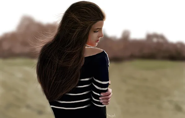 Картинка девушка, полоски, ветер, волосы, фокус, арт, спиной