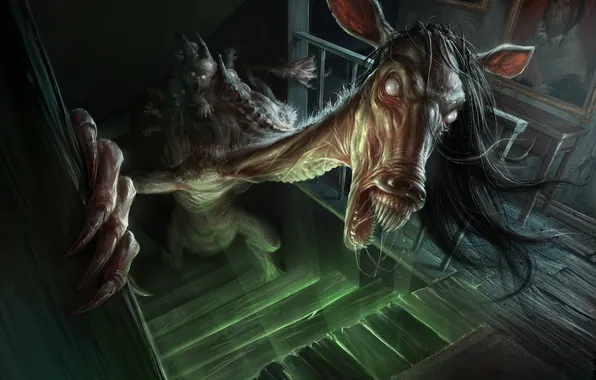 Dark, wood, fear, horse, hands, faces, staircase, table