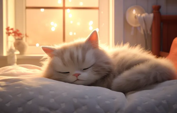 Кошка, кот, свет, поза, котенок, комната, сон, покрывало