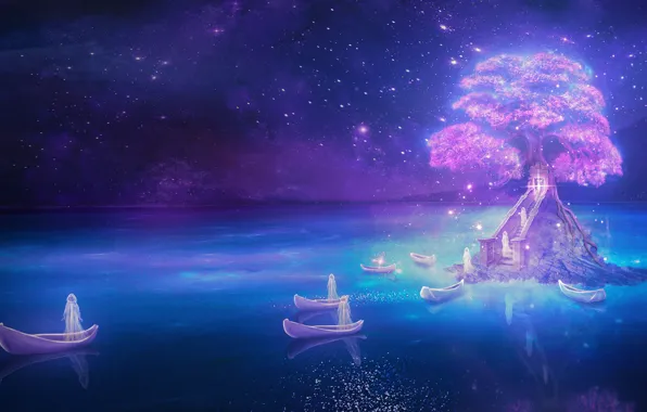 Картинка море, вода, звезды, ночь, дерево, лодки, освещение, Арт