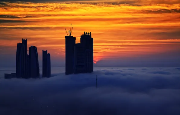 Картинка небо, облака, закат, туман, дома, ОАЭ, Абу-Даби, Объединённые Арабские Эмираты