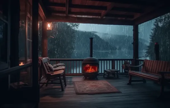 Fire, house, rain, nature, night, outdoor