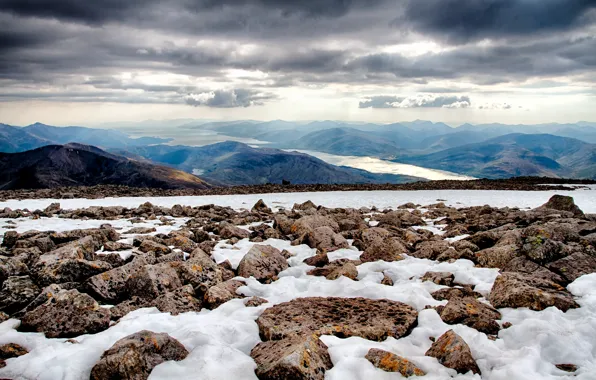 Картинка небо, лучи, снег, тучи, камни, вид, гора, Шотландия