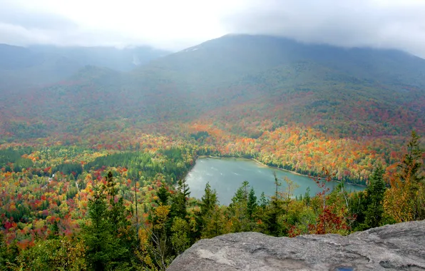 Осень, лес, небо, горы, озеро, дымка, США, New York