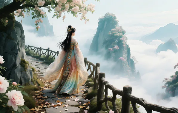 Girl, nature, mountains, asian, ai art