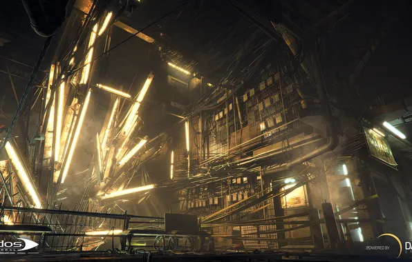 Картинка лампы, арт, переулок, киберпанк, square enix, Deus Ex: Mankind Divided
