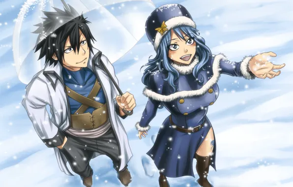 Девушка, зонт, аниме, арт, парень, двое, хвост феи, Fairy Tail