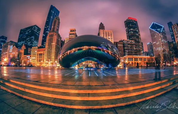 Картинка город, огни, вечер, Чикаго, США