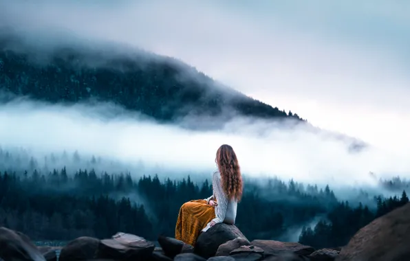 Девушка, пейзаж, камни, вид, Lizzy Gadd, Morning Meditation