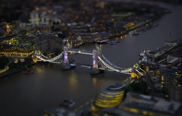 Ночь, город, selective focus, London Bridge, Tiltshift